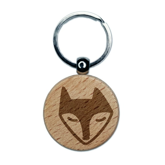 Resting Fox Face Round Keychain Charm Tag - Engraved Wood