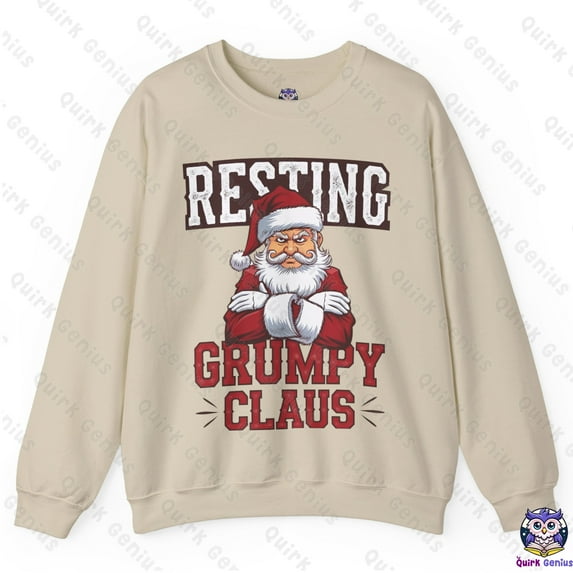 Resting Grumpy Claus Christmas Sweatshirt – Cozy Holiday Apparel with Quirky Santa Design Ideal Gift for Christmas Humor- L (Sand)