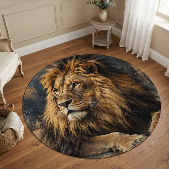 Resting Lion 5FT Round Area Rugs for Living Room Rustic Vintage Brown Wildlife Golden Mane Textured Ultra-Thin Non-Slip Round Rugs Washable Low Pile Circle Carpet for Bedroom Kitchen Nursery