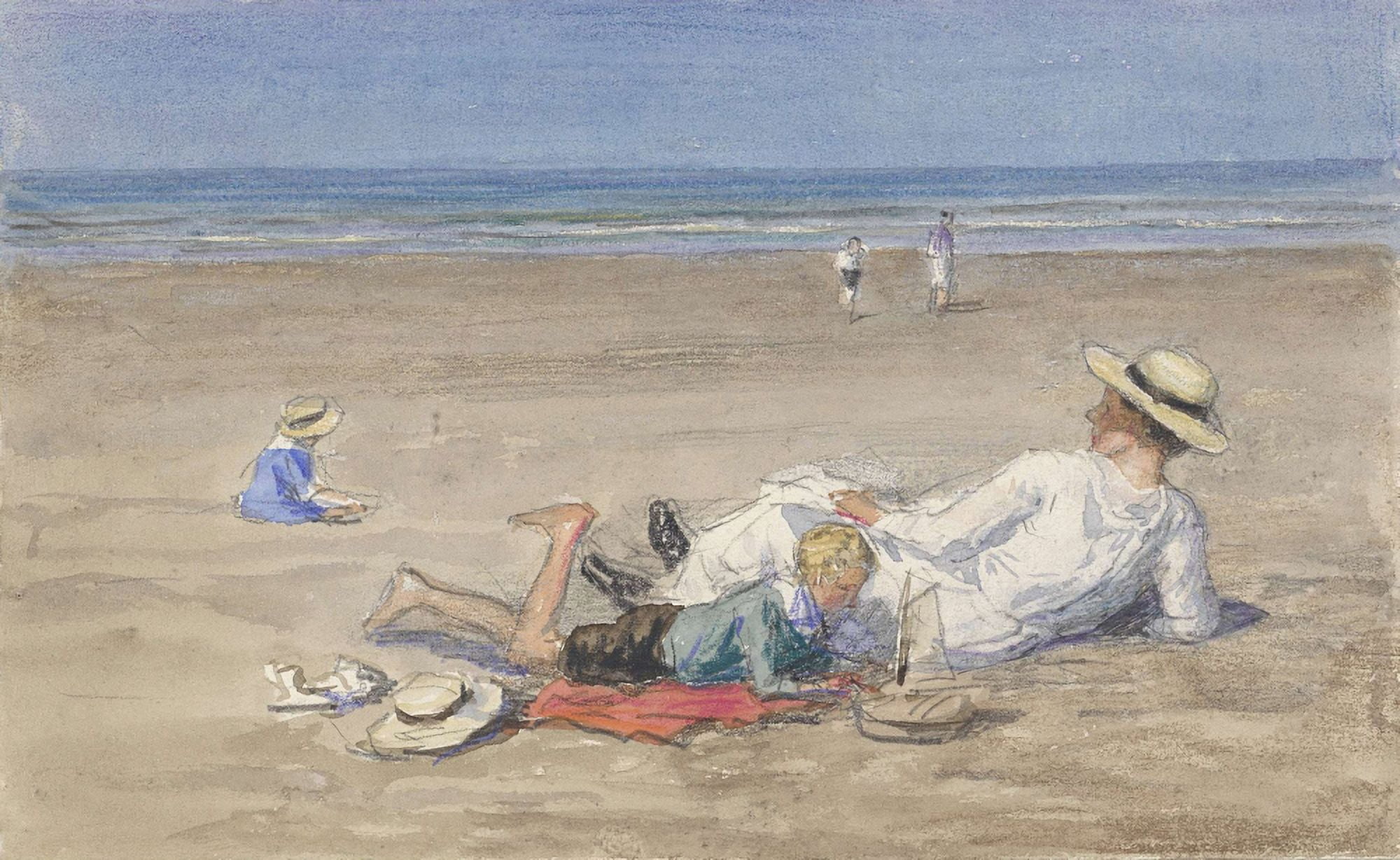 Resting Nanny With Two Children On The Beach Canvas Art - (24 x 18)