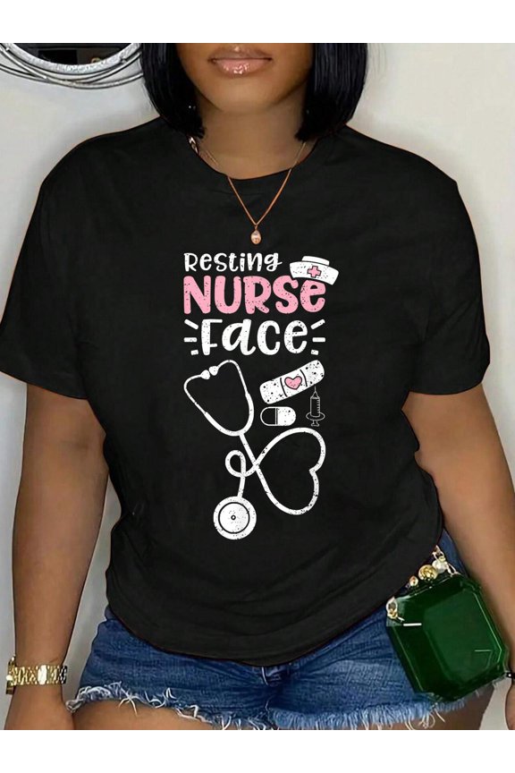 Resting Nurse Face Crew Neck Cotton Women's Graphic Tee Casual Daily Wear T-Shirt