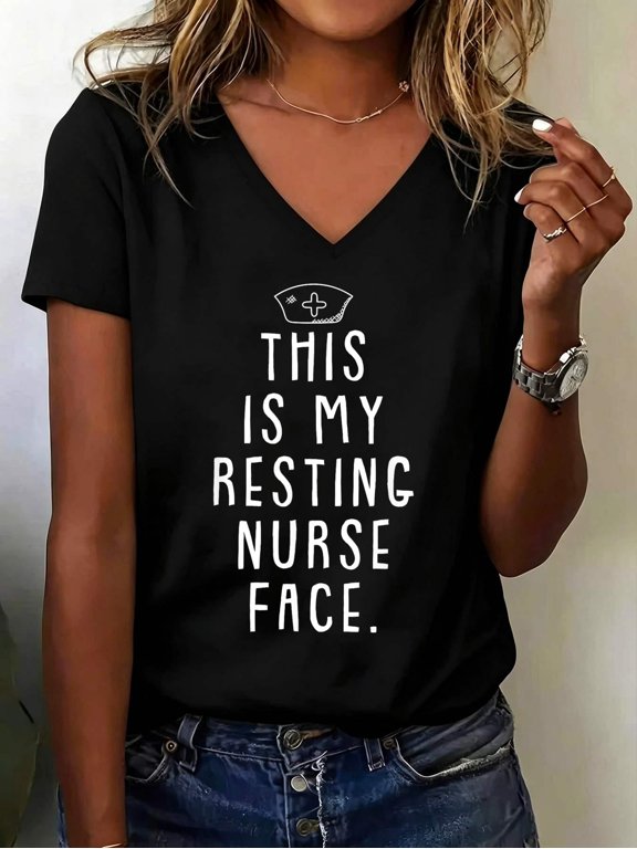 Resting Nurse Face Funny Registered RN Nurse Student Gift V-NeckGraphic Tee Cotton Women Casual Short Sleeve Shirt,Vacation Outfit T-Shirt
