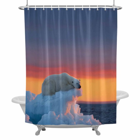 Resting Polar Bear Shower Curtain, Orange Sky Ice Ridge Animal Waterproof Fabric Bathroom Shower Curtains Set with Hooks, 72 X 72 Inch Long