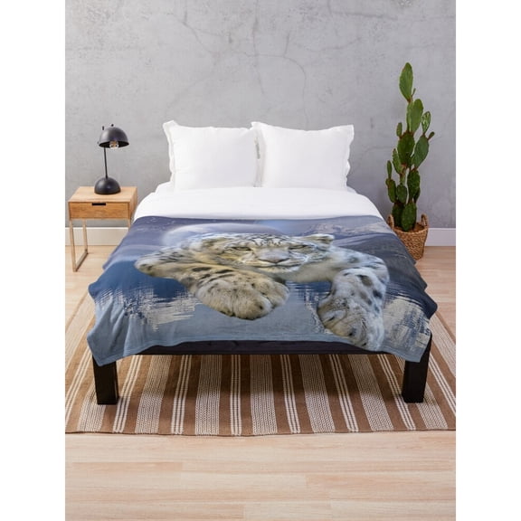 Resting Snow Leopard Mountain Fleece Blanket, Slate Blue and Gray, 280 GSM Polyester Fleece Fabric, Wildlife Home Accent