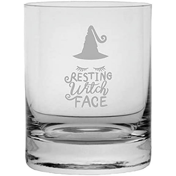 Resting Witch Face Happy Halloween Etched 11oz Crystal Rocks Whisky Glass