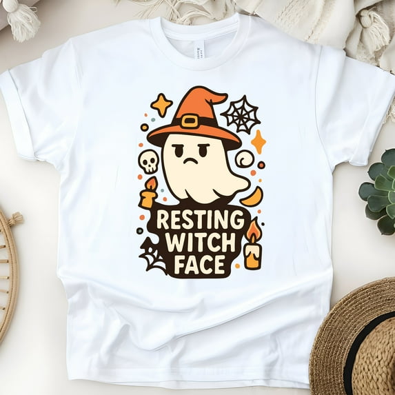 Resting Witch Face Shirt | Funny Ghost Graphic Tee | Unisex Casual T-Shirt, White, Size S