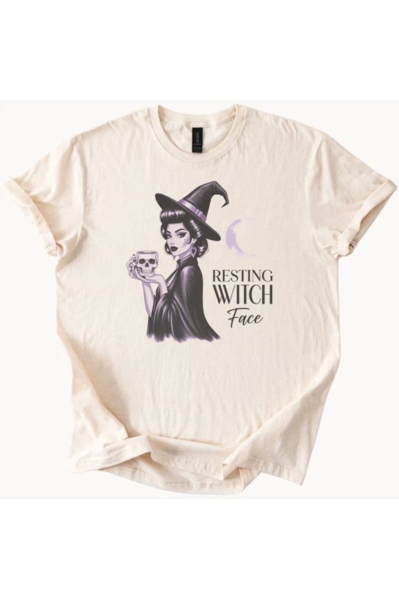 Resting Witch Face Shirt Witch Holding Graphic Tee Gothic Moon Size S-5Xl Heygategoo Tee