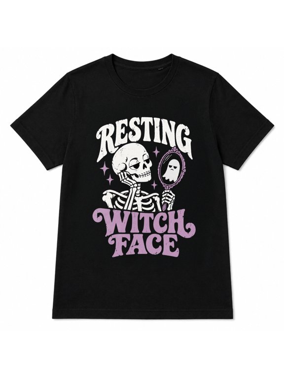 Resting Witch Face Skeleton Women's Round Neck Short Sleeve Halloween Retro T-Shirt