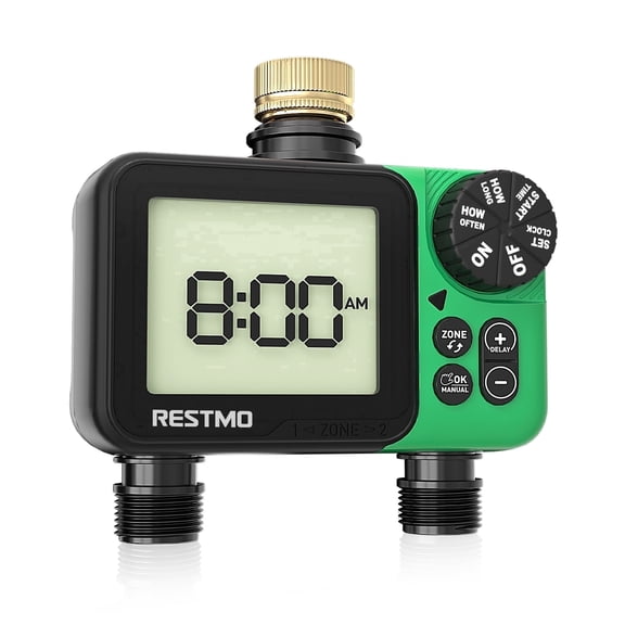 Restmo 2-Zone Water Timer, Oversized LCD Sprinkler Timer Dual Outlet Programmable Timer Up to 11h59m, Rain Delay/Manual/Automatic, Brass Inlet Hose Timer for Lawn and Soaker Hose