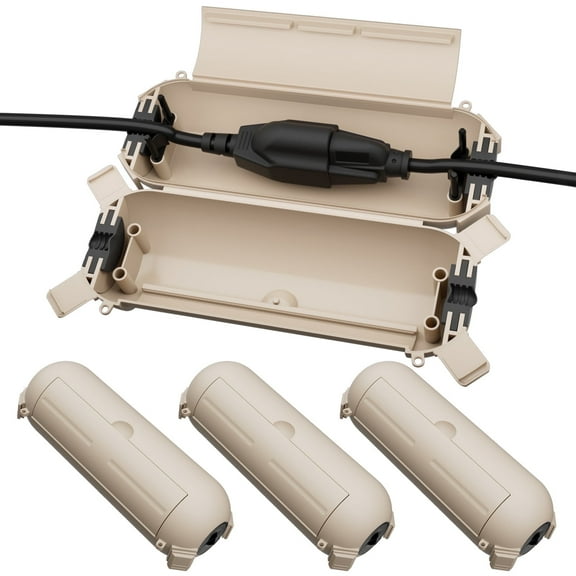 Restmo 4 Pack Mini IP44 Waterproof Outdoor Connection Box with Lockable Latches and Mounting Holes, Weatherproof Extension Cord Safety Cover for Outdoor Plugs, Lights, Size Small,Almond