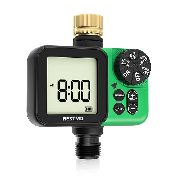 Restmo Programmable Sprinkler Timer, Outdoor Garden Hose Faucet Timers with Rain Delay, Manual/Automatic Watering System, Digital Irrigation Timer for Yard