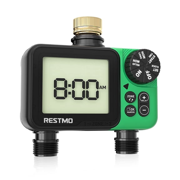 Restmo 2-Zone Programmable Sprinkler Timer, Automatic Irrigation System Controller, Hose Water Timer for Outdoor Garden Yard Lawn