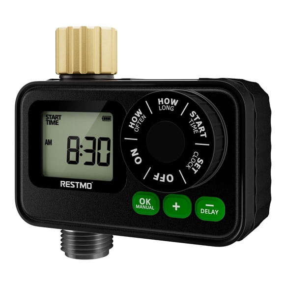 Restmo Sprinkler Timer for Outdoor Hose Faucet, Programmable Water Timer 11h59m Max Run Time, Brass Inlet & Large Dial, Rain Delay/Manual/Automatic Irrigation for Garden Hose & Lawn Watering