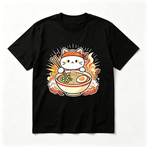 Restock Plus Size Anime Cat Ramen T-Shirt - Japanese Kawaii Cat Graphic Tee for Men - Round Neck Short Sleeve Casual Streetwear Top - Spring Fashion - Shortsleeve