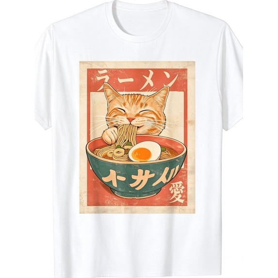 Restock Plus Size Anime Cat Ramen T-Shirt - Japanese Kawaii Cat Graphic Tee for Men - Round Neck Short Sleeve Casual Streetwear Top - Spring Fashion - Shortsleeve