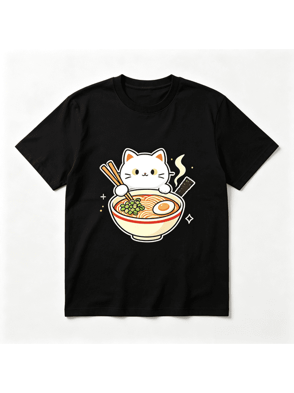 Restock Plus Size Anime Cat Ramen T-Shirt - Japanese Kawaii Cat Graphic Tee for Men - Round Neck Short Sleeve Casual Streetwear Top - Spring Fashion - Shortsleeve