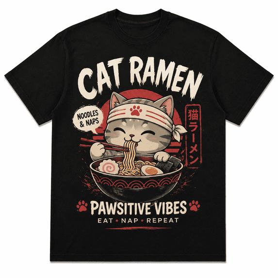 Restock Plus Size Anime Cat Ramen T-Shirt - Japanese Kawaii Cat Graphic Tee for Men - Round Neck Short Sleeve Casual Streetwear Top - Spring Fashion - Shortsleeve