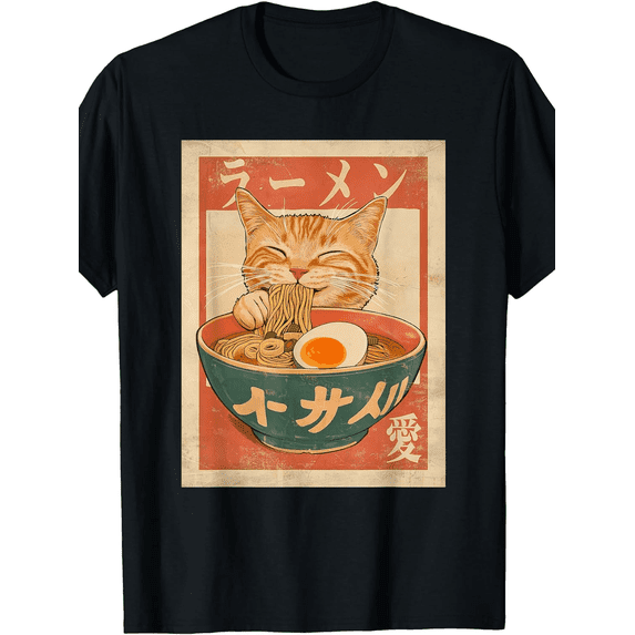Restock Plus Size Anime Cat Ramen T-Shirt - Japanese Kawaii Cat Graphic Tee for Men - Round Neck Short Sleeve Casual Streetwear Top - Spring Fashion - Shortsleeve