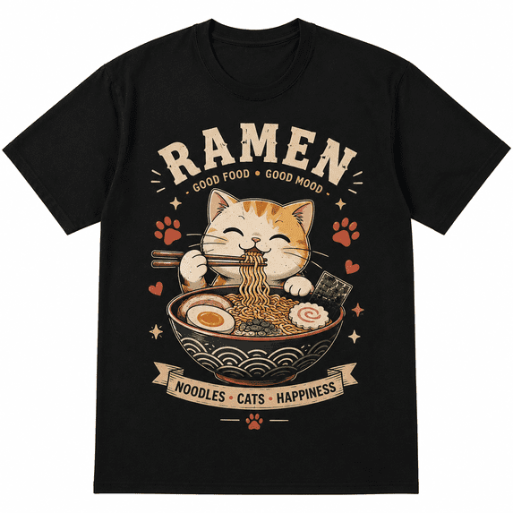 Restock Plus Size Anime Cat Ramen T-Shirt - Japanese Kawaii Cat Graphic Tee for Men - Round Neck Short Sleeve Casual Streetwear Top - Spring Fashion - Shortsleeve