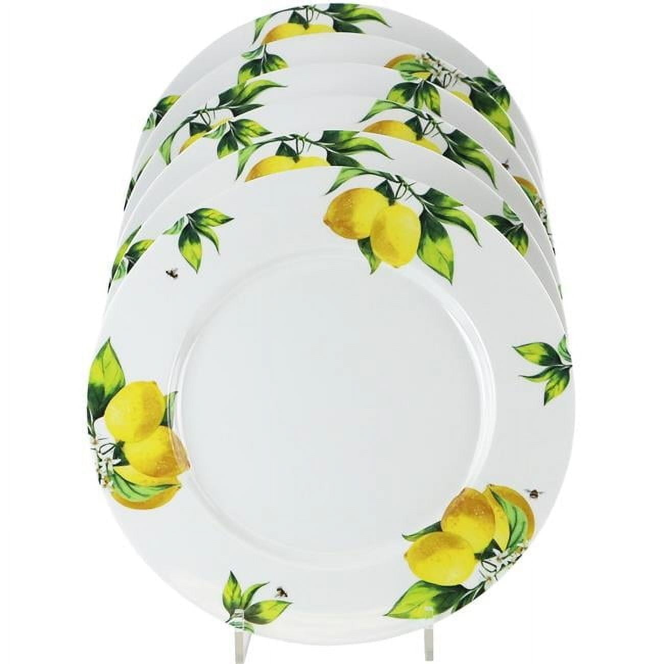 Fresh Lemons and Honey Bees Melamine Dinner Plates Set, 11" Round, White and Yellow