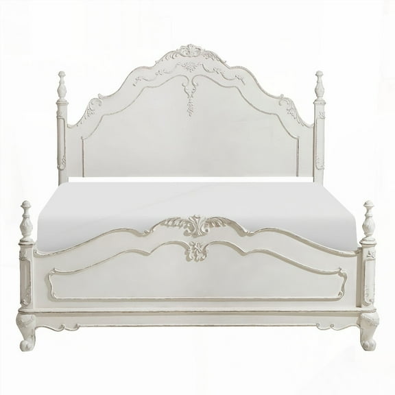 Restonic Antique White Full Bed 1pc | Birch Veneer, Traditional Carving | Vietnam