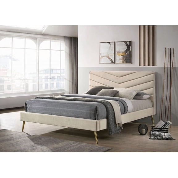Restonic Beige Twin Chevron Padded Headboard | Gold Legs