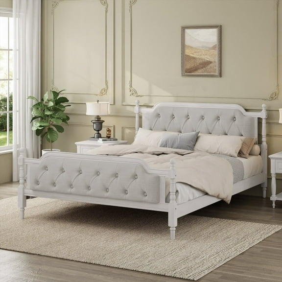 Restonic Elegant French Provincial Bed, Solid Wood, King Size, Antique White