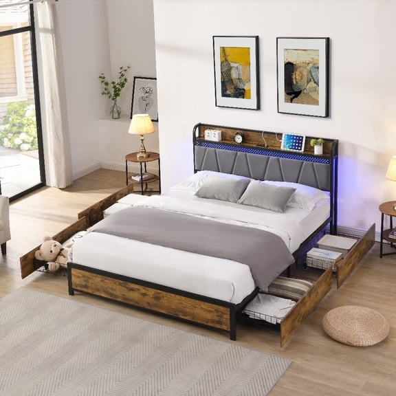 Restonic Full Size Bed Frame | Storage Headboard & Charging | 4 Drawers