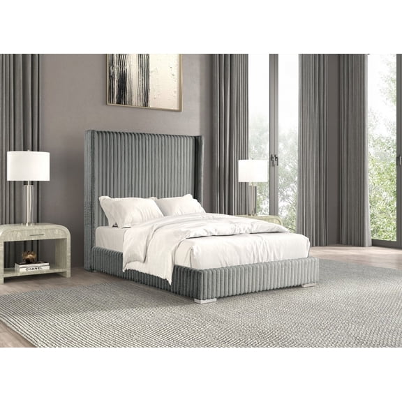Restonic Gray Color 1pc Queen Size Bed with Fur Chenille Fabric & Mattress Ready