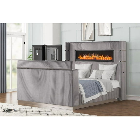Restonic Grey Queen Bed Featuring Fireplace Headboard & TV Footboard