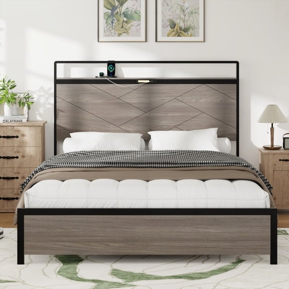 Restonic Queen Size Bed Frame - Wooden, Storage, LED, 2 USB