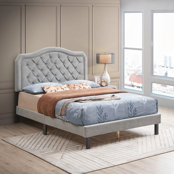 Restonic Upholstered Bed - Curve Design - Strong Support - Easy Assembly - Gray Velvet, Queen
