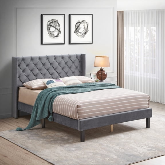Restonic Velvet Button Bed with Wings | Strong Wood Slat Support, Easy Assembly - Gray, Queen