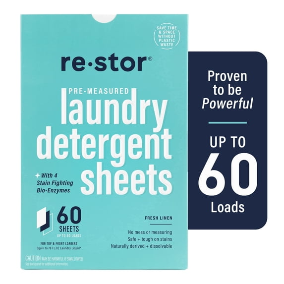 Restor Stain-Fighting Laundry Detergent Sheets, Fresh Linen, 60 Count