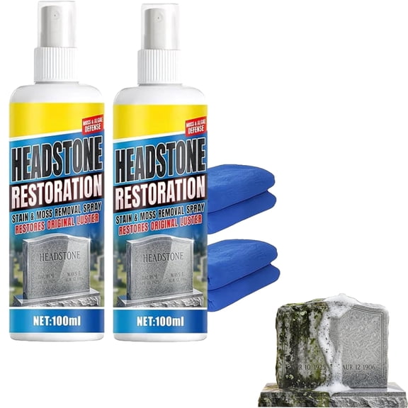 Restoration Spray, 100ml/3.4oz (2 Pc + Towel), Stone Cleaner - for Granite Marble Cemetery Memorials, Headstone Care Formula