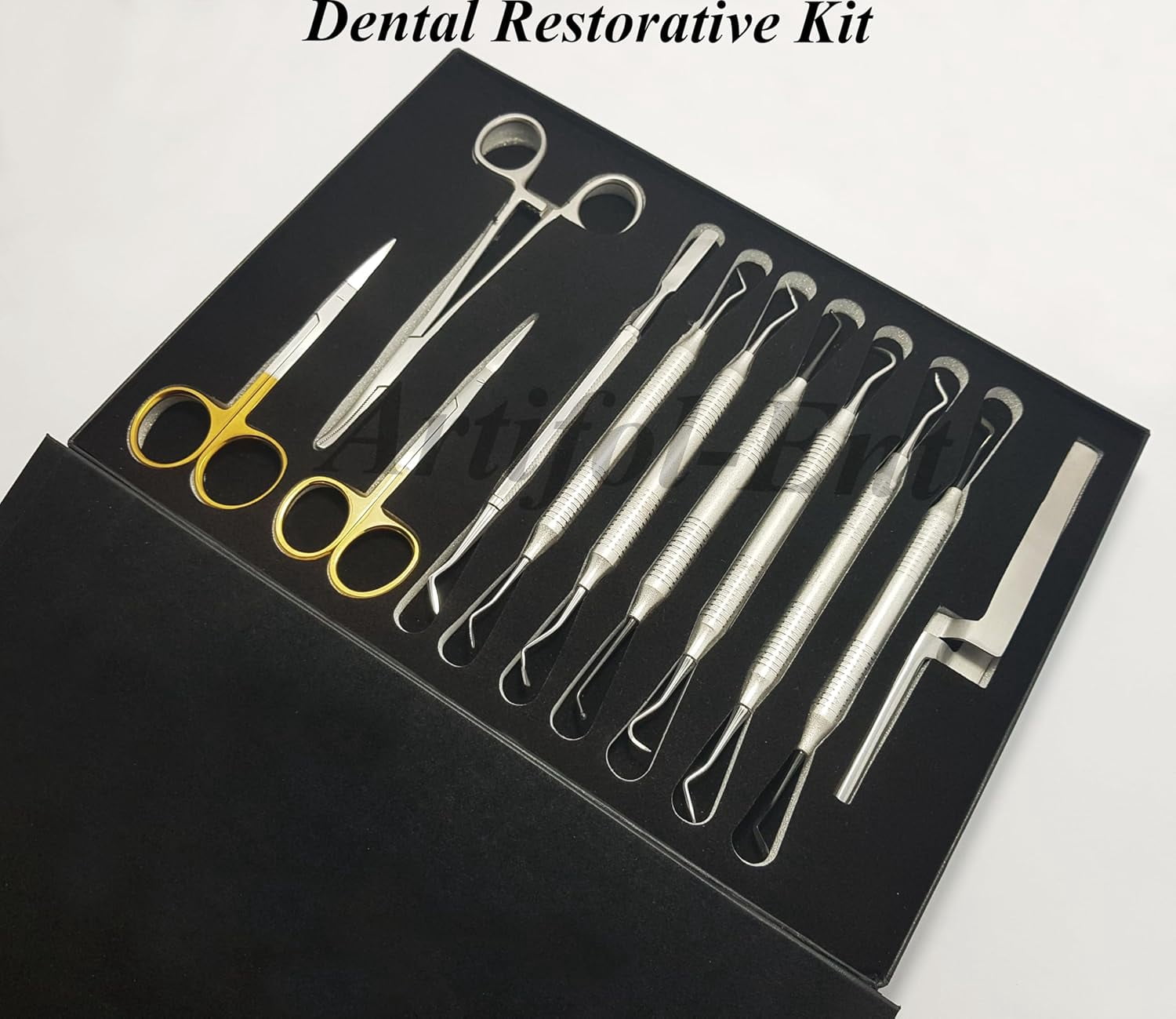 Restorative Kit, Composite Plastic Filling Instruments 11 Pcs Set Hygienist & Sickle Scaler, Ball Burnisher, Taylor Crown Spreader, Gingival Cord Packer, Cement Spatula, TC Iris Scissors, Forceps.