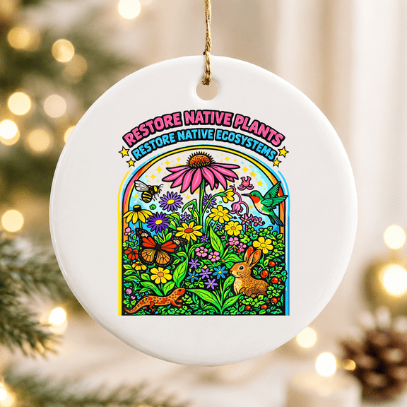 Restore Native Plant Ecosystems Pollinator Garden Christmas Ornament, Holiday Keepsake Gift, Ceramic Ornament