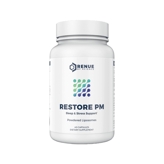 RENUE by SCIENCE Restore PM | Liposomal Melatonin GABA Supplements | 60 Capsules with Melatonin (3.5mg) 5HTP (100mg) Glutathione (65mg) Apigenin (75mg) GABA (150mg) - Non-GMO | Made in the USA
