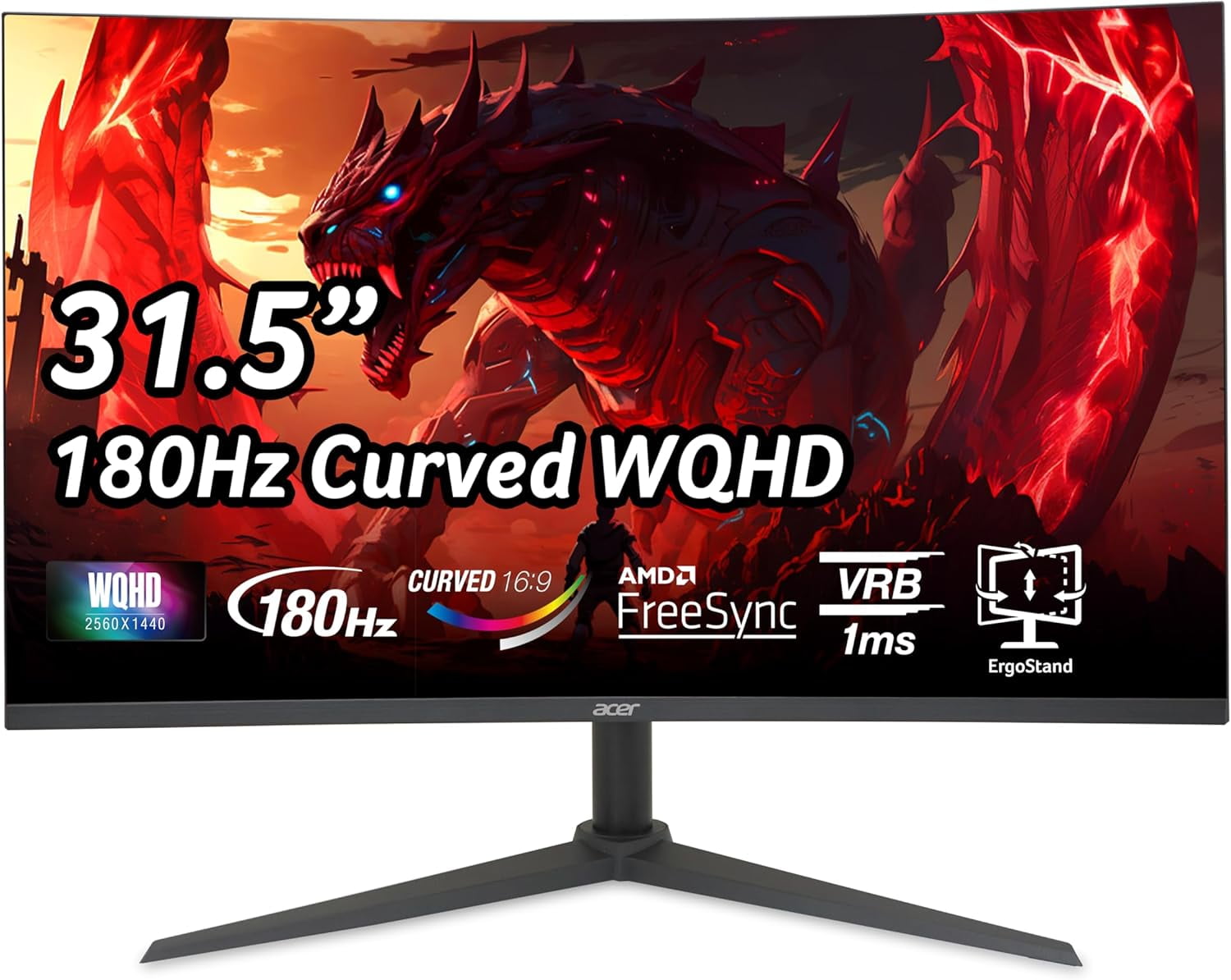 Restored Acer Nitro 31.5-inch WQHD Curved Gaming Monitor 180Hz 1ms Response Time AMD FreeSync (Refurbished)
