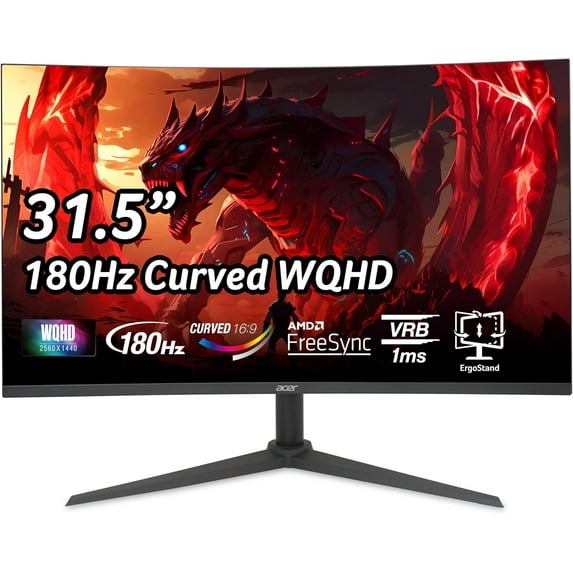 Restored Acer Nitro 31.5-inch WQHD Curved Gaming Monitor 180Hz 1ms Response Time AMD FreeSync (Refurbished)