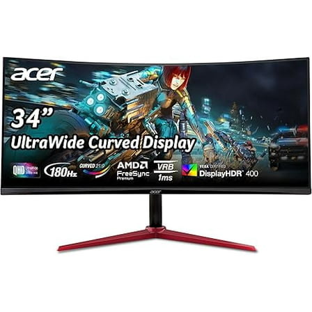 Restored Acer Nitro XZ342CU 34-inch Curved Gaming Monitor UWQHD 3440x1440 180Hz 1ms Response Time DisplayHDR 400 Black (Refurbished)