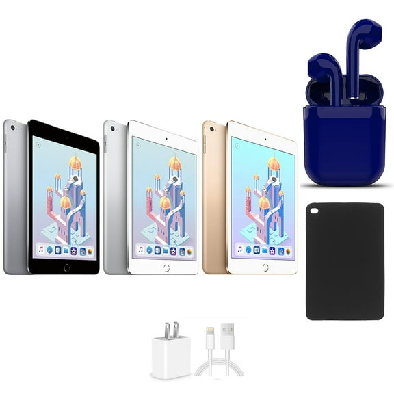 Restored Apple 7.9-inch Retina iPad Mini 4 Wi-Fi Only 32GB Bundle: USA Essentials Bluetooth/Wireless Airbuds, Case, Rapid Charger By Certified 2 Day Express (Refurbished)