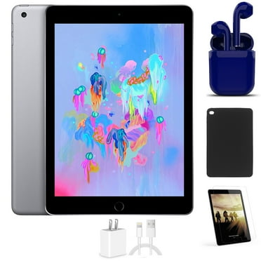 Restored Apple 9.7-inch iPad 6 Wi-Fi Only 128GB Latest OS Space Gray Bundle: Case, Pre-Installed Tempered Glass, Rapid Charger, Bluetooth/Wireless Airbuds By Certified 2 Day Express (Refurbished)