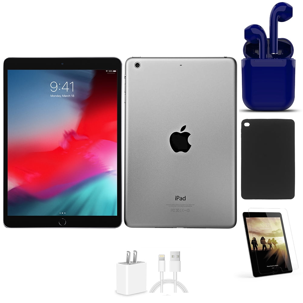 Restored Apple 9.7-inch iPad Air 2 Wi-Fi Only 128GB Space Gray Bundle:  Pre-Installed Tempered Glass, Case, Rapid Charger, Bluetooth/Wireless  Airbuds