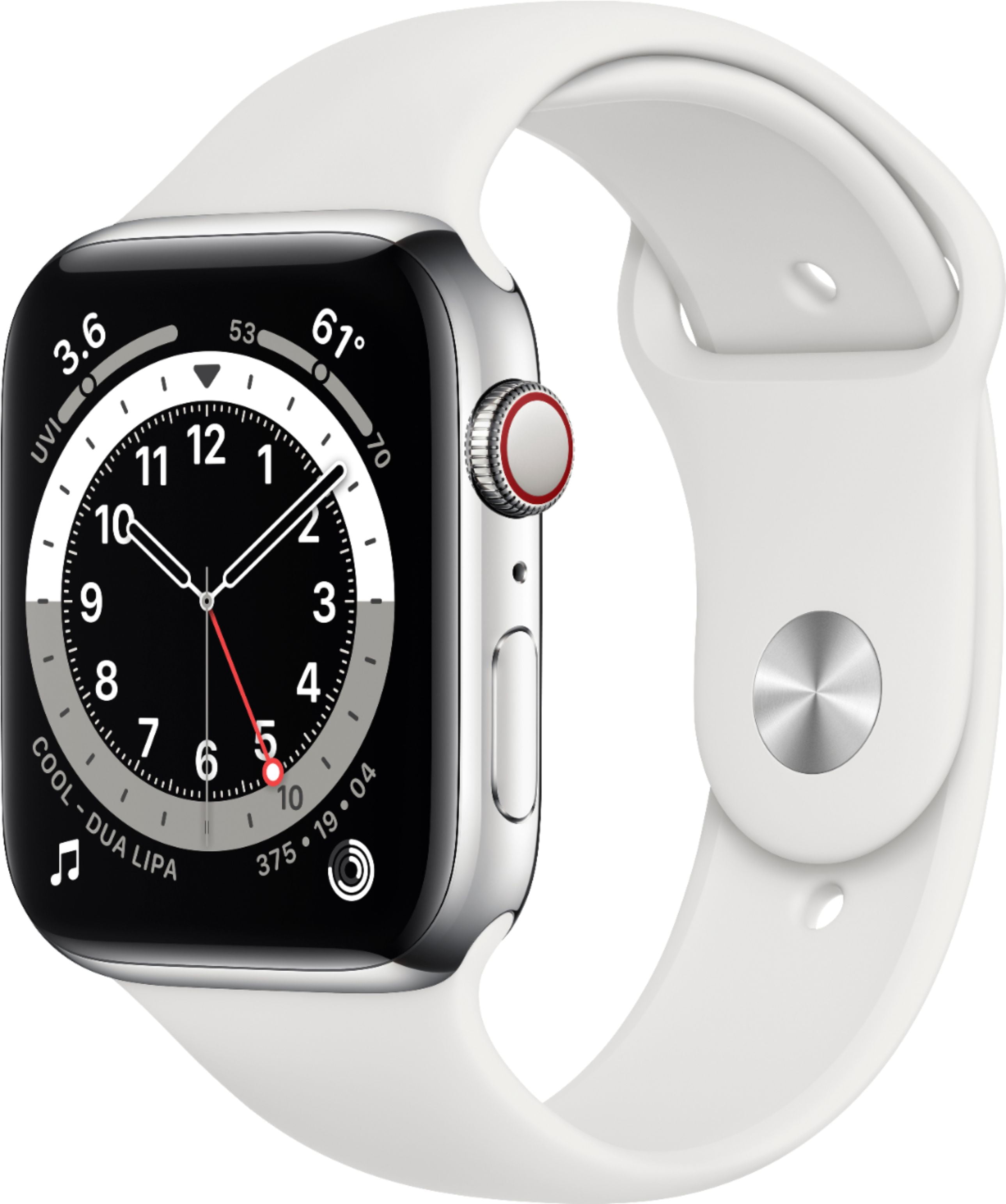 Restored Apple Watch Gen 6 Series 6 Cell 44mm Silver Stainless Steel -  White Sport Band M07L3LL/A (Refurbished)