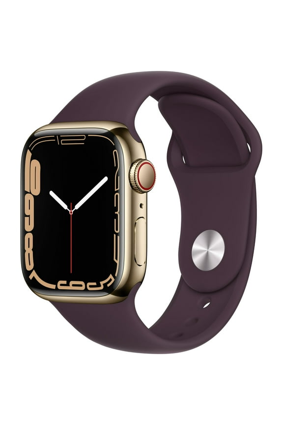 Restored Apple Watch Gen 7 Series 7 Cell 41mm Gold Stainless Steel - Dark Cherry Sport Band MKHG3LL/A (Refurbished)