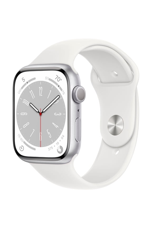 Restored Apple Watch Gen 8 Series 8 (GPS) 45 mm Silver Aluminum Case with White Sport Band (Refurbished)