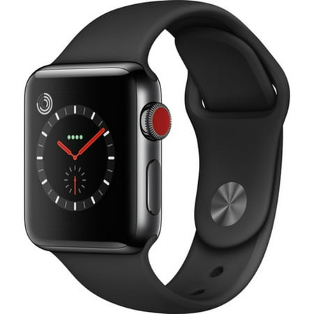 Restored Apple Watch Series 3 38mm GPS + Cellular, Space Black Stainless Steel Case - Black Sport Band Like New