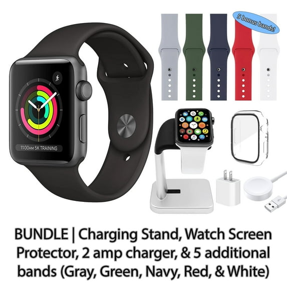 Restored Apple Watch Series 3 (GPS, 38MM) Space Gray Aluminum Case with Black Sport Band Bundle 5 Bonus Bands, Charging Stand, Screen Protector, & 2 amp charger (Refurbished)