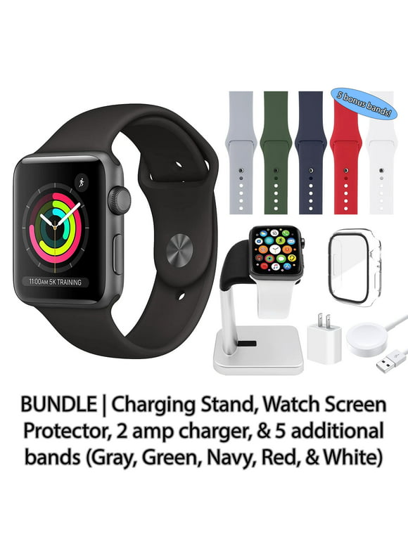 Restored Apple Watch Series 3 (GPS, 38MM) Space Gray Aluminum Case with Black Sport Band 5 Bonus Bands, Charging Stand, Screen Protector, & 2 amp charger (Refurbished)